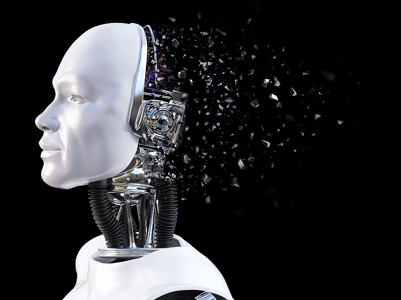 男性機器人頭部粉碎的3D效果圖。圖片素材