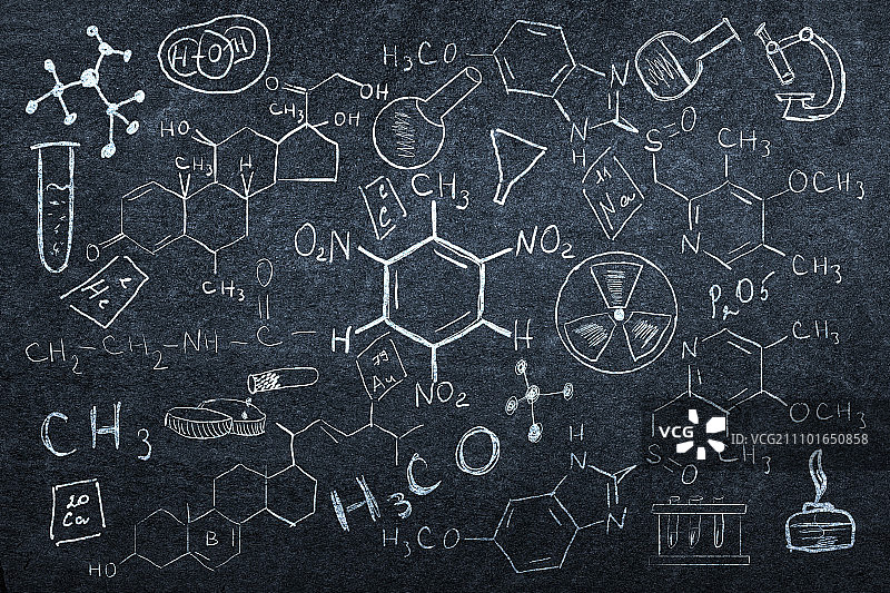一套化学草图。背景图像与化学课图纸在黑板上图片素材