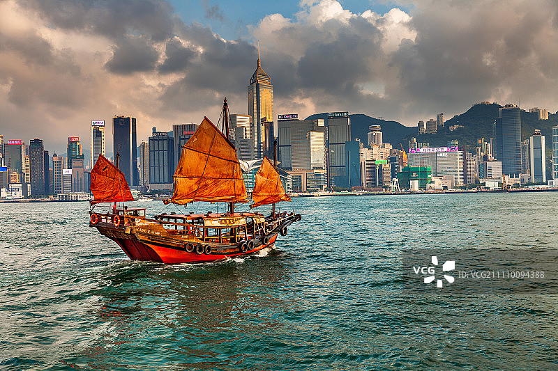 红色帆船行驶在维多利亚港，香港，中国图片素材