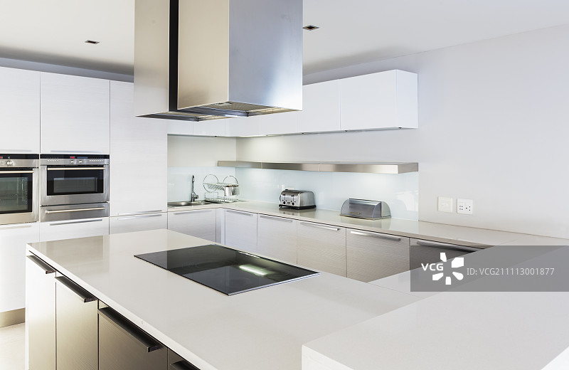 现代，极简主义的白色家庭橱窗厨房图片素材