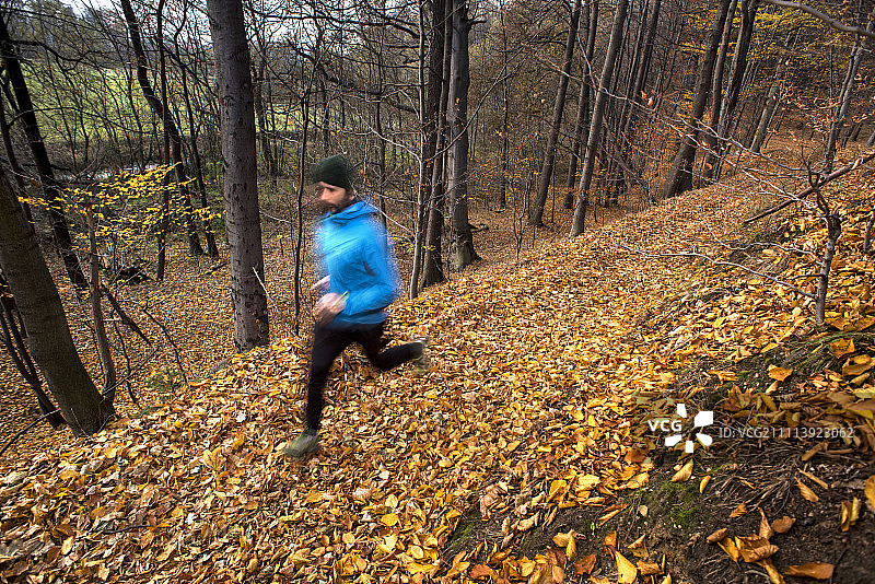 一个成年人在森林小径上奔跑图片素材