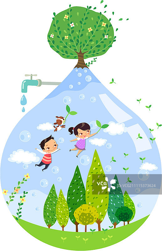 男孩和女孩飞在树里面巨大的水滴图片素材