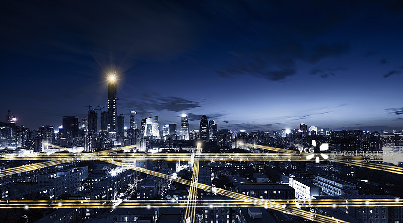 科技互联的北京CBD摩天大楼夜景图片素材
