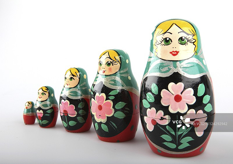 5个不同大小的俄罗斯娃娃在白色的背景上图片素材