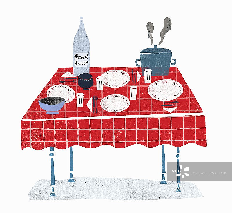 一张摆着热气腾腾的锅和矿泉水的桌子(插图)图片素材