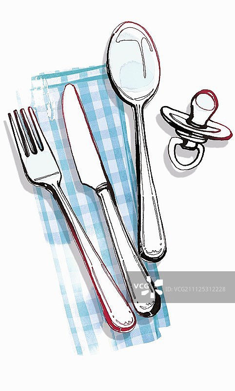 一个躺在餐巾上刀叉旁边的假人(插图)图片素材