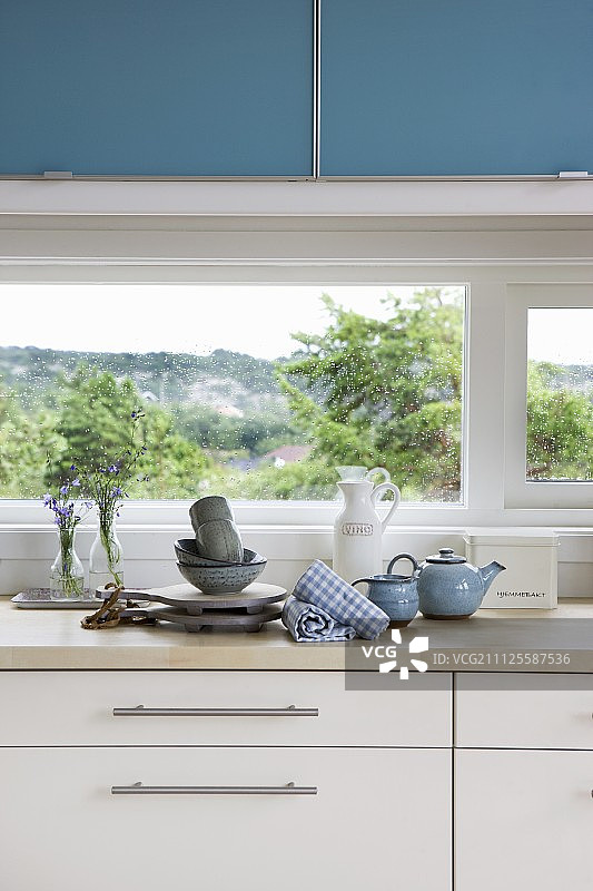 厨房台面细节;木制的工作台面，窗户下面的白色底座单元和蓝色壁挂式单元图片素材