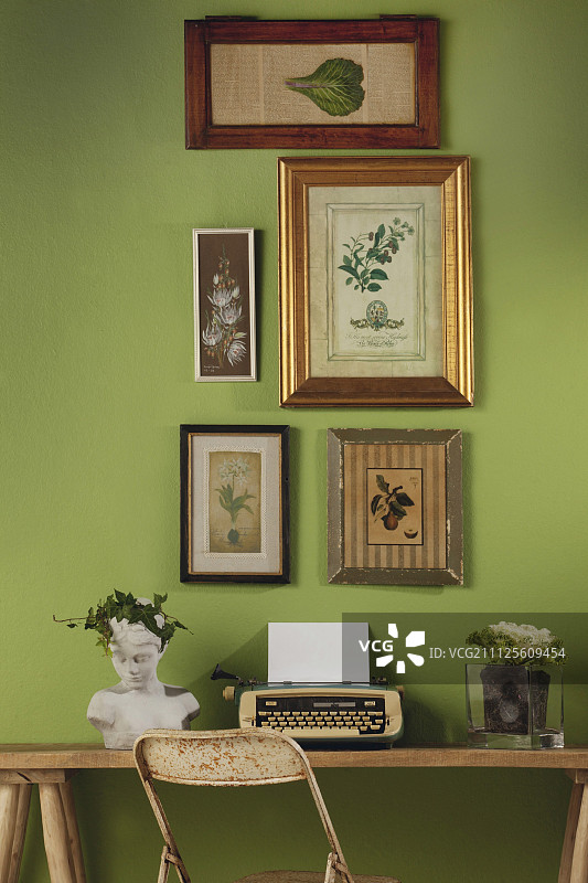 复古打字机和半身像下面框植物插图在绿色的墙上图片素材