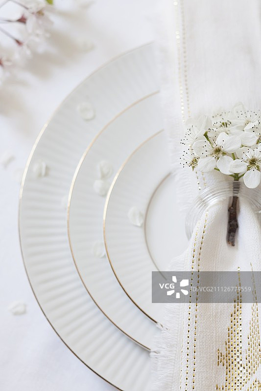 一种白色的、装饰着苹果花的摆设在婚礼宴会桌上图片素材
