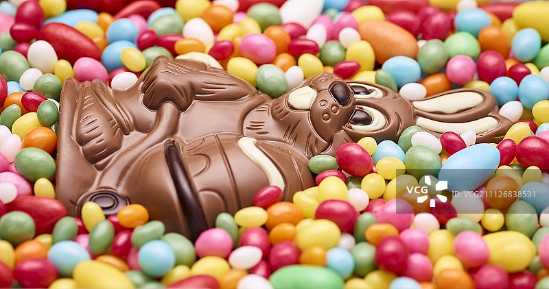 彩色的糖蛋和一只巧克力兔子图片素材