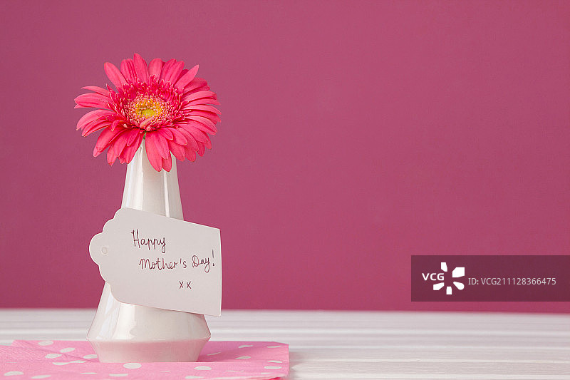 母亲节贺卡上的鲜花花瓶在粉红色的背景图片素材