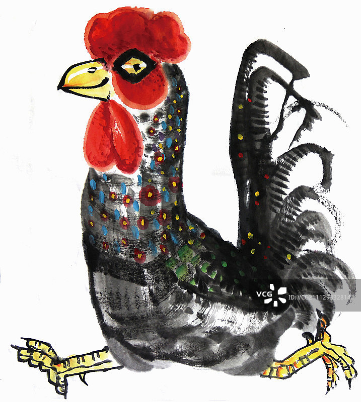 水墨画奔跑的公鸡-有彩头有奔头图片素材