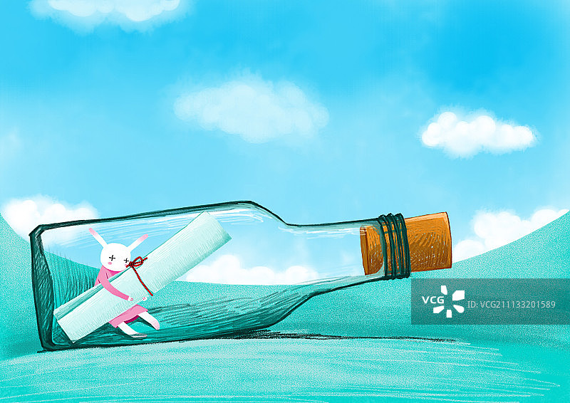 哲理兔系列插画-漂流瓶图片素材
