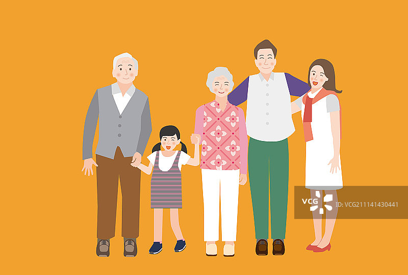 一个快乐的全家福(祖父，父亲，母亲，女儿和儿子)-向量图片素材