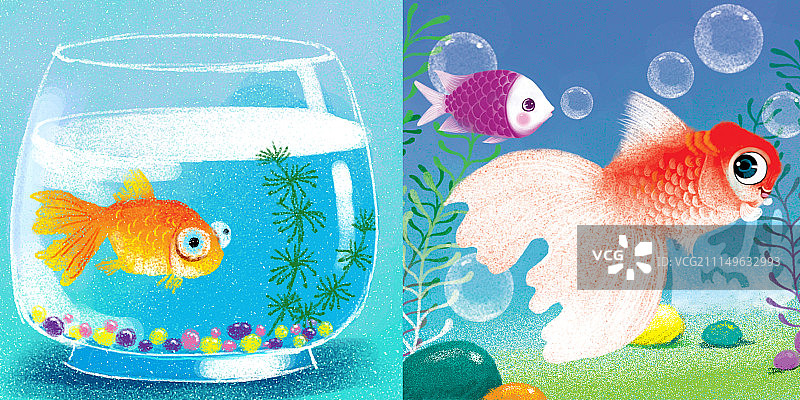 动物插画系列作品共3000幅-鱼缸和金鱼图片素材