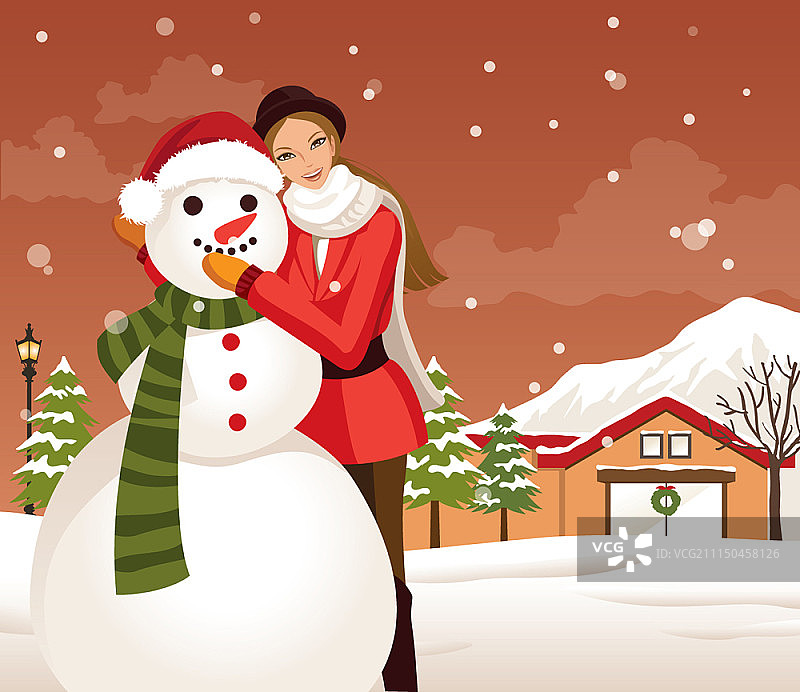 矢量插图的女人抱着一个雪人图片素材