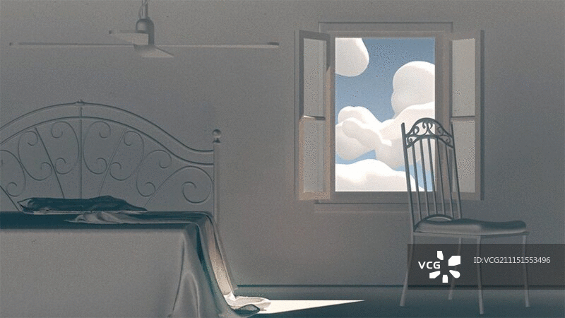 卧室窗户上漂浮的云朵动画图片素材