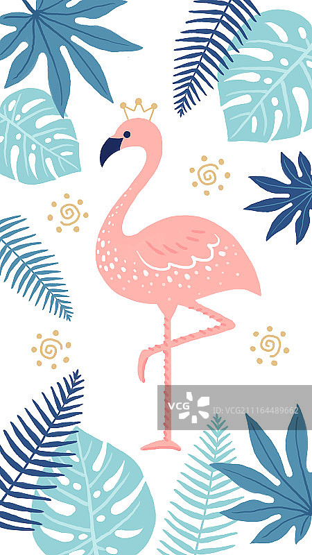火烈鸟热带植物插画壁纸图片素材