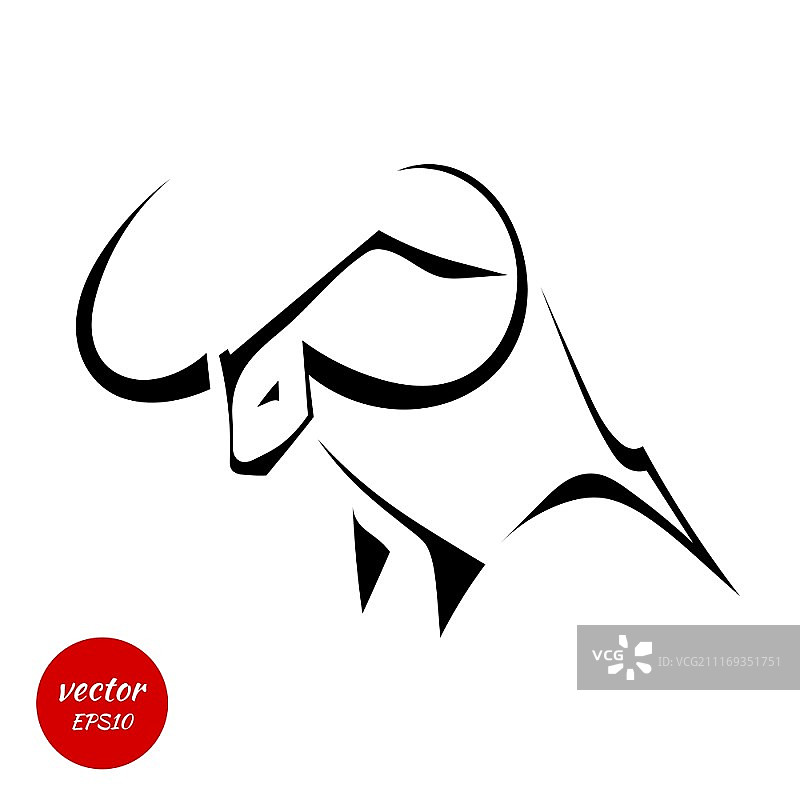 白色背景上孤立的巨大牛角的公牛剪影。矢量插图。图片素材