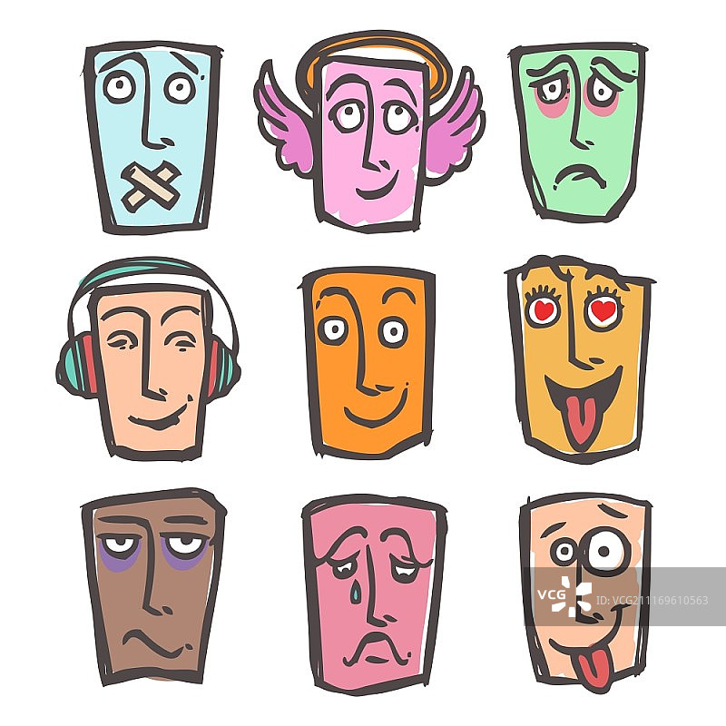 素描表情符号，面部表情和情绪，彩色图标，一套快乐的角累的人孤立的矢量插图图片素材