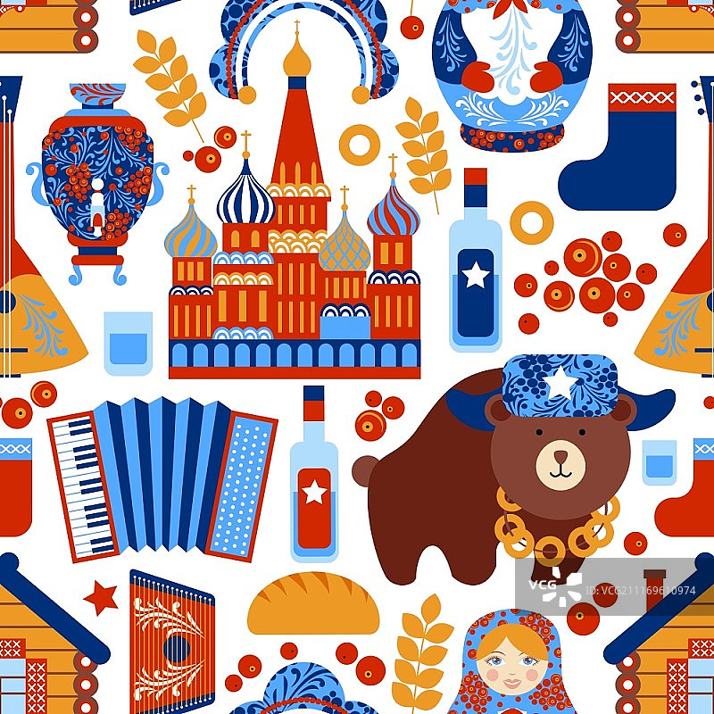 俄罗斯旅游食品酒精建筑无缝模式矢量插图图片素材