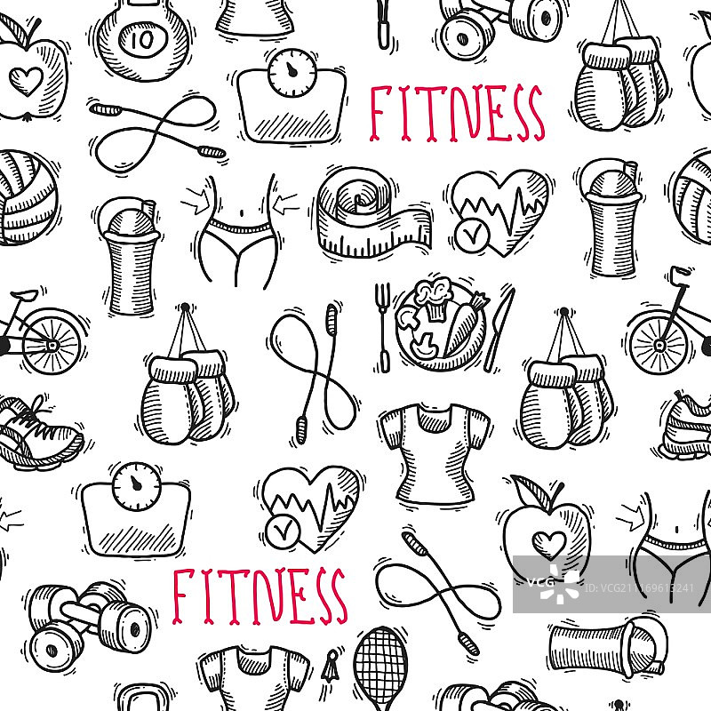 健身健身饮食运动训练保健黑白素描无缝模式矢量插图图片素材