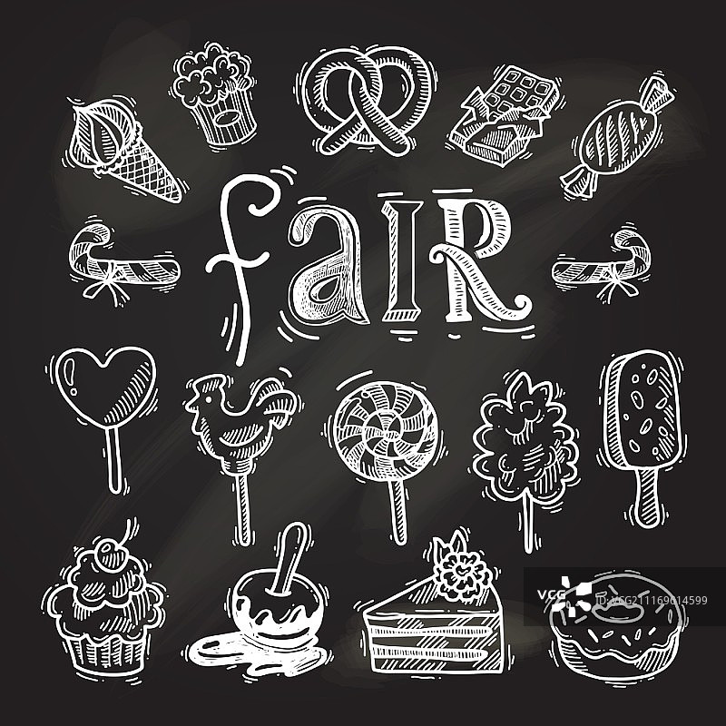 糖果素描装饰图标黑板设置与糖果甘蔗糕点冰淇淋孤立矢量插图图片素材