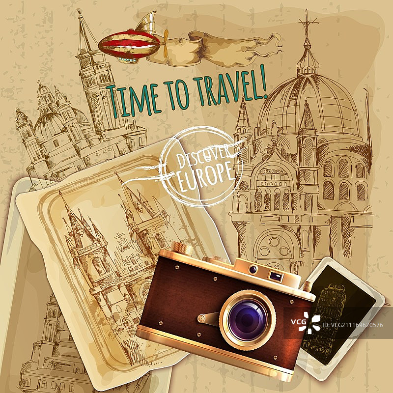 欧洲旅行与相机复古海报。欧洲旅行与相机和气球复古海报矢量插图图片素材