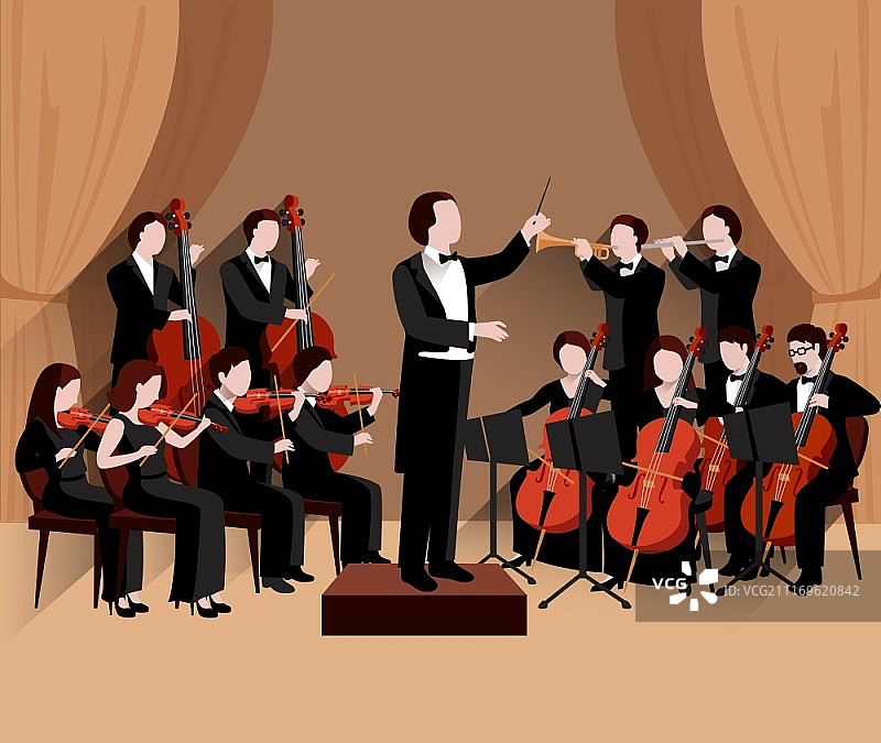 交响乐团与指挥，小提琴，大提琴和小号音乐家平面矢量插图。交响乐团平图片素材