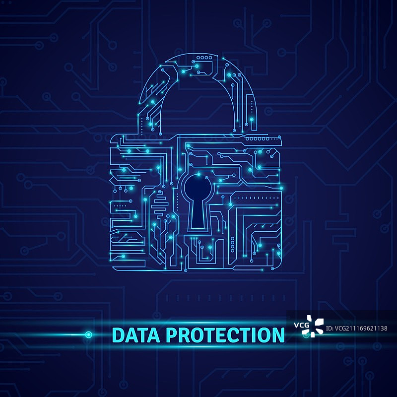 数据保护概念与电路在蓝色背景矢量图锁定形状。数据保护的概念图片素材