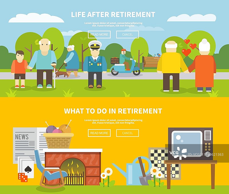 退休人员生活方式横旗设置与老年人平面元素孤立矢量插图。退休人员生命旗帜套装图片素材
