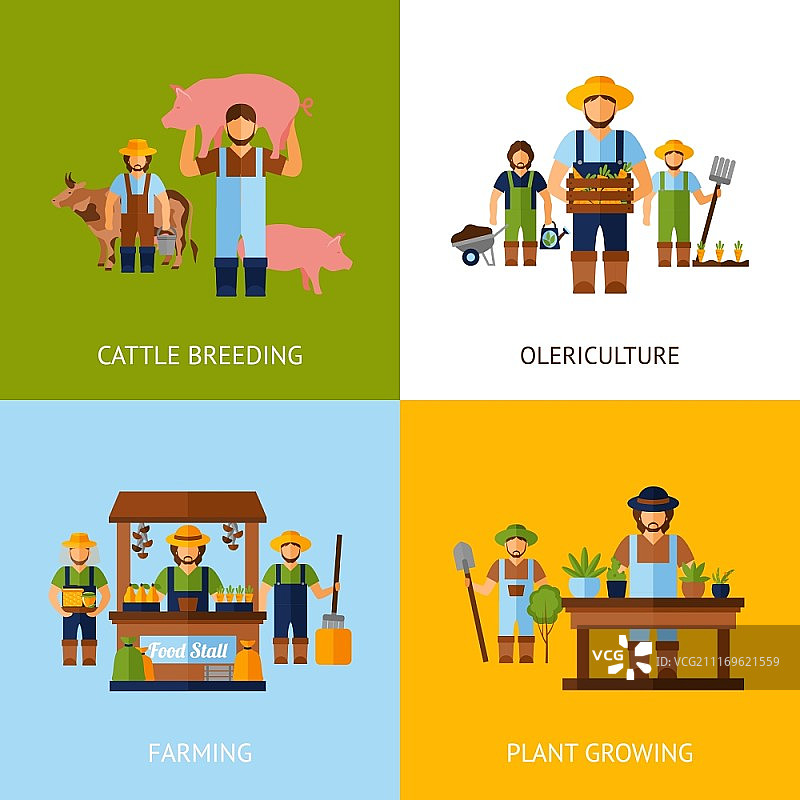 农民设计概念集与养牛和植物生长平面图标孤立矢量插图。农民设计理念图片素材