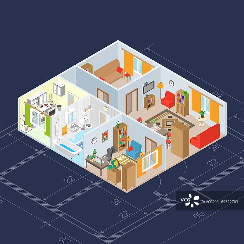等距室内概念三维厨房和浴室家具图标矢量插图。等距室内概念图片素材