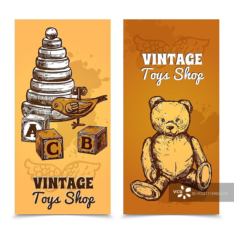 复古玩具垂直旗帜设置手绘金字塔块和泰迪熊孤立矢量插图。玩具横幅集图片素材