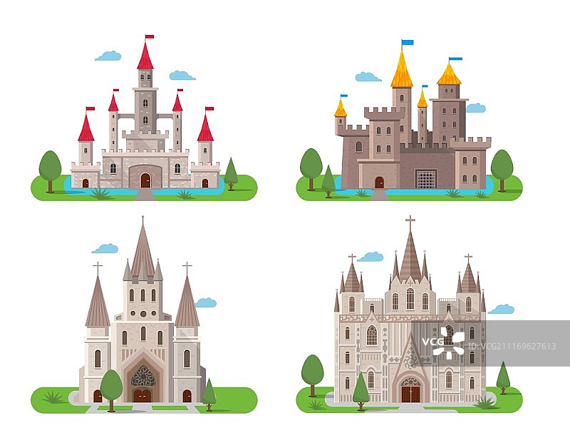 中世纪古堡布景。中世纪古堡建筑平面图标设置孤立矢量插图图片素材