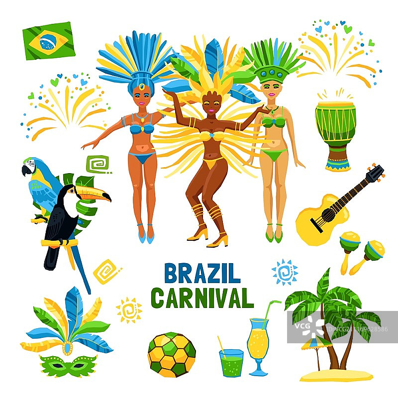 巴西狂欢节孤立的图标集。一套装饰彩色图标与巴西狂欢节的不同标志，自然和人矢量插图图片素材