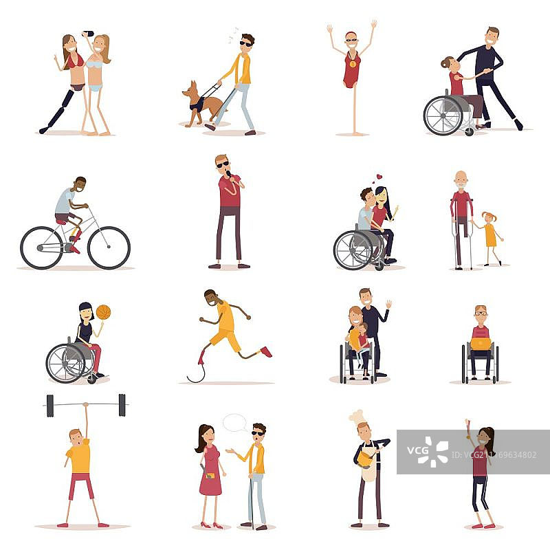 残疾人图标集。残疾人图标设置与体育和休闲符号平面孤立矢量插图图片素材