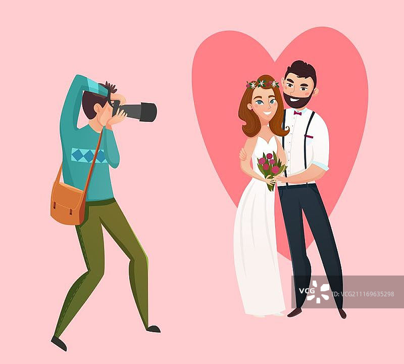 婚礼摄影师设计概念。新婚夫妇摄影设计概念与新娘新郎和婚礼摄影师雕像平面矢量插图图片素材