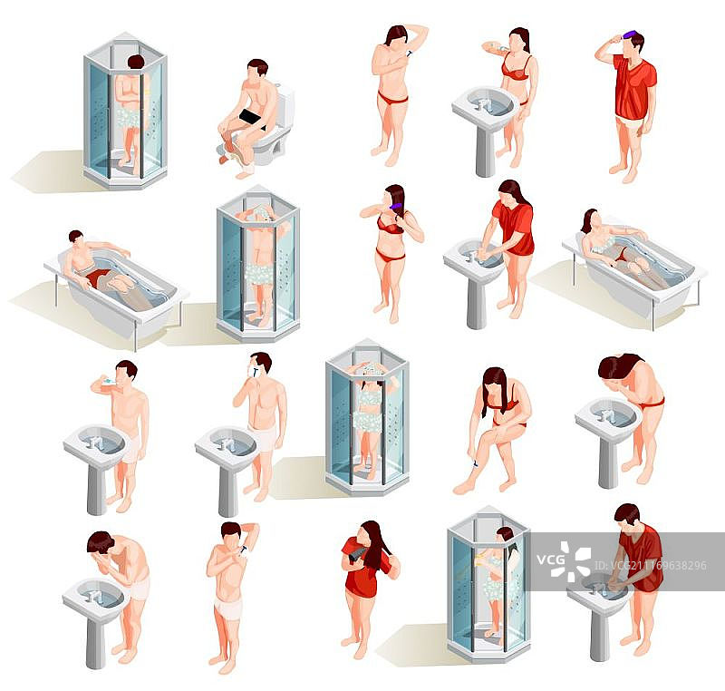 晨卫字集。卫生图标等距收集孤立的男性和女性人物做早晨浴室程序矢量插图图片素材
