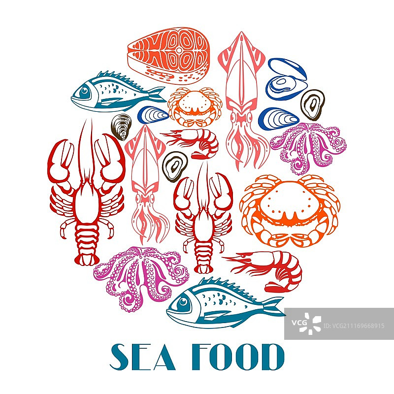 背景有各种海鲜。鱼，贝类和甲壳类的插图。图片素材