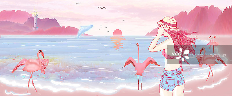比基尼美女漫步在夏威夷沙滩上看日出，火烈鸟在海边中嬉戏插画图片素材