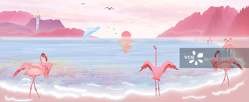 太阳从海边升起，夏威夷岛沙滩上火烈鸟和蓝鲸在海边中嬉戏插画图片素材