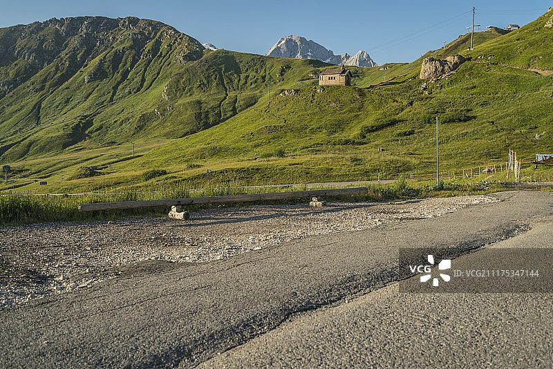 后板显示了意大利绿色山地景观的沥青停车场图片素材
