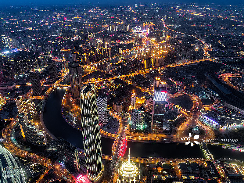 天津航拍海河夜景图片素材