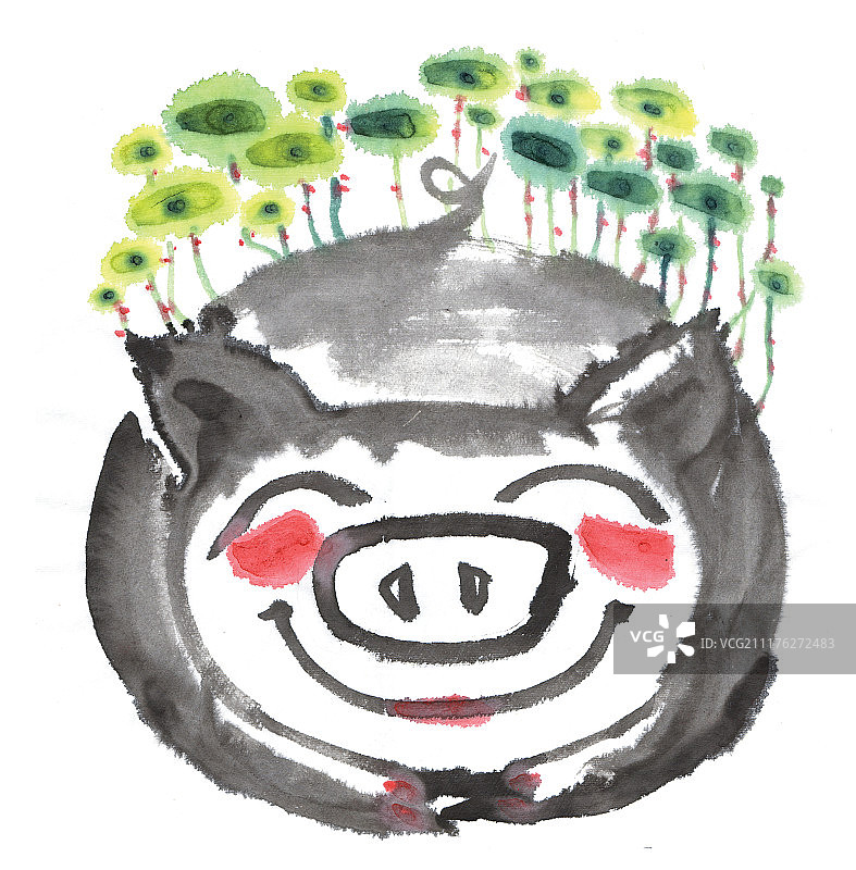 水墨插画生肖猪和铜钱草图片素材