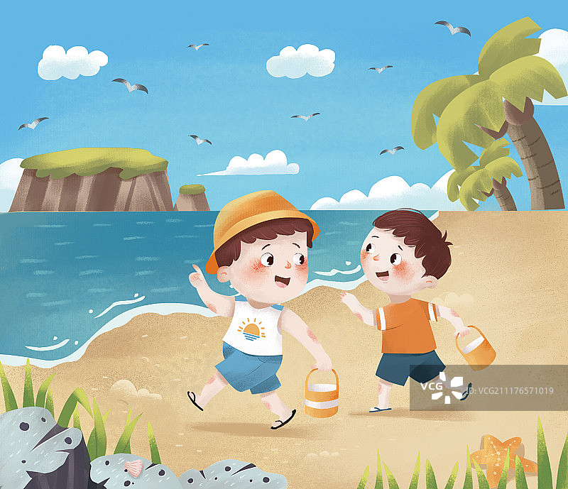 阳光灿烂的沙滩海岸线上男孩们散步嬉戏图片素材