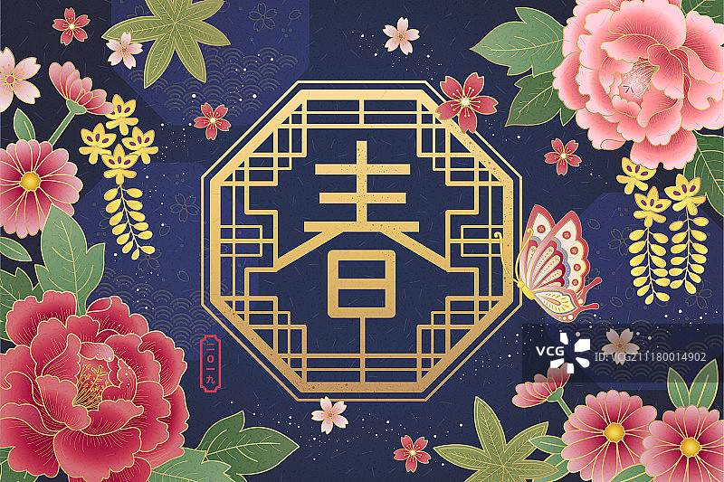 中国新年景窗牡丹花装饰贺卡图片素材