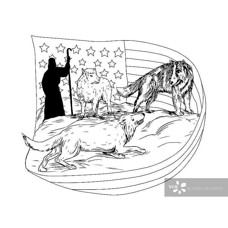 画素描风格的插图，牧羊犬或边境牧羊犬保卫羔羊从攻击和猎物与美国星条旗和牧羊人在背景。牧羊犬保护小羊免受狼的骚扰图片素材