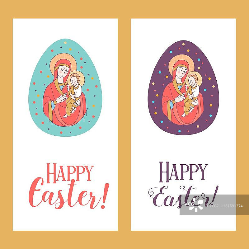 复活节快乐!圣母和耶稣基督。节日的矢量图。一组有圣母形象的复活节彩蛋图片素材