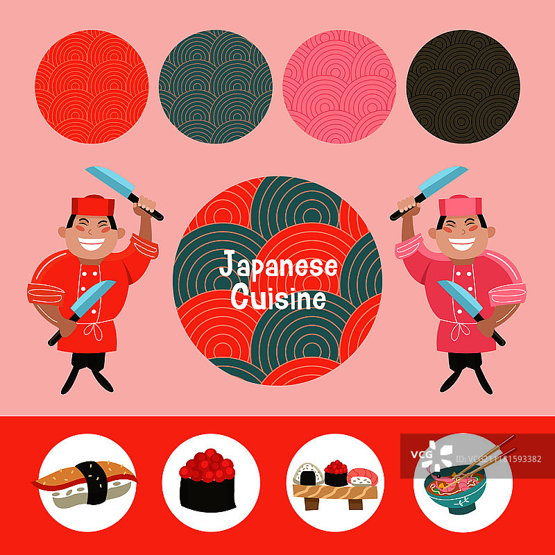 日本料理。一套传统的日本料理。日本厨师拿着一把大菜刀。矢量插图卡通风格。色彩斑斓的日式料理咖啡馆菜单模板。图片素材